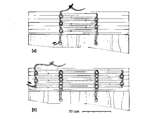 Figure 1: Diagram showing attachment of text block to the board via a loop. Top shows two sewing stations and bottom shows four.